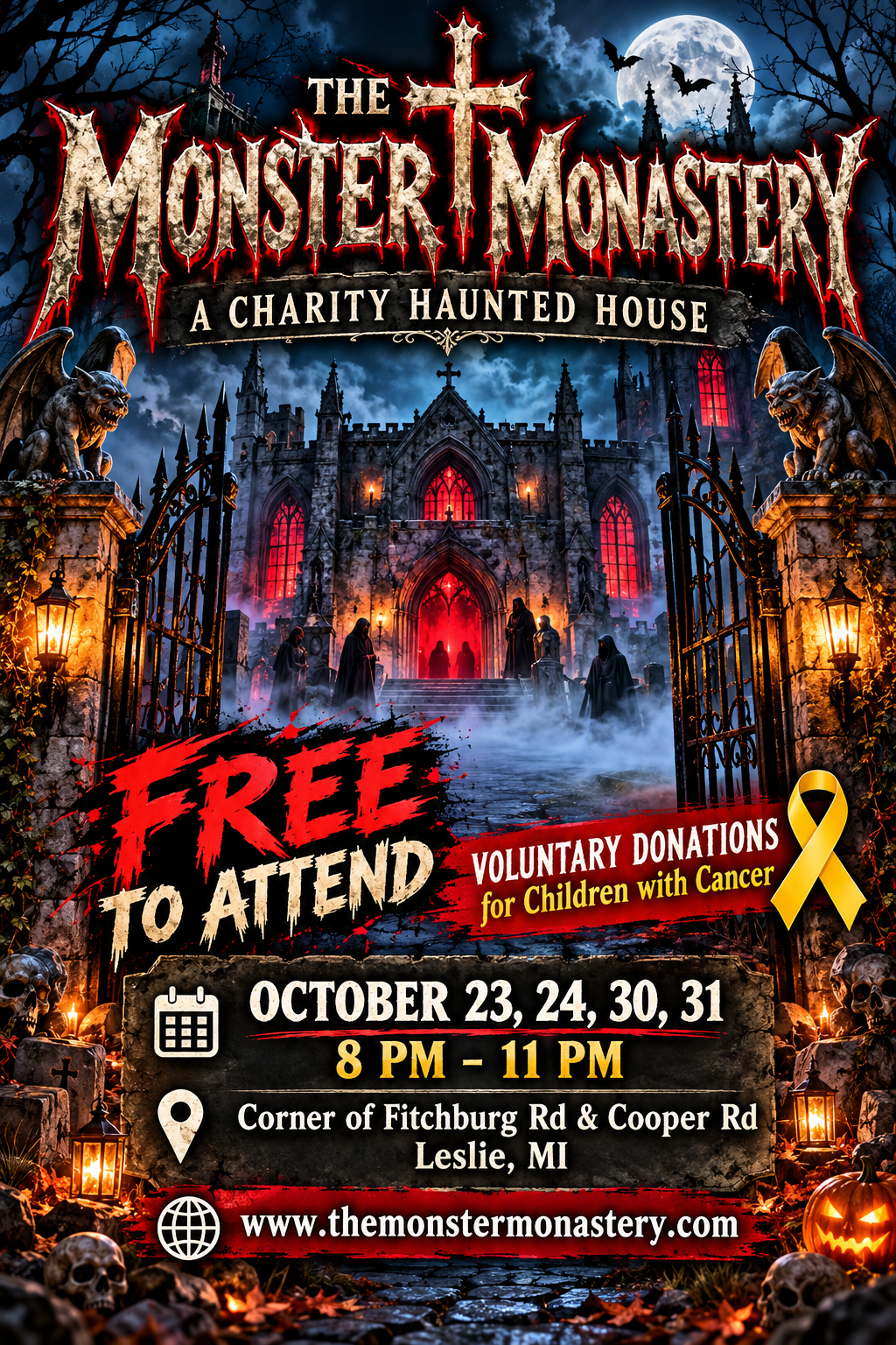 The Monster Monastery — Charity Haunted House event flyer. October 23, 24, 30, 31 · 8 PM–11 PM · Corner of Fitchburg Rd & Cooper Rd, Leslie MI